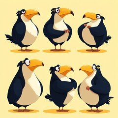 Naklejka premium A cartoon-style illustration of six penguin characters in various poses and expressions.