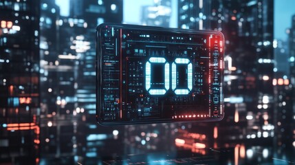 Fototapeta premium A sleek digital timer glows brightly in a futuristic cityscape. The high-tech design features glowing numbers against a backdrop of tall buildings.