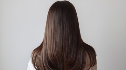 Fototapeta premium Smooth, healthy hair flows down the back, reflecting light, set against a minimalistic background.