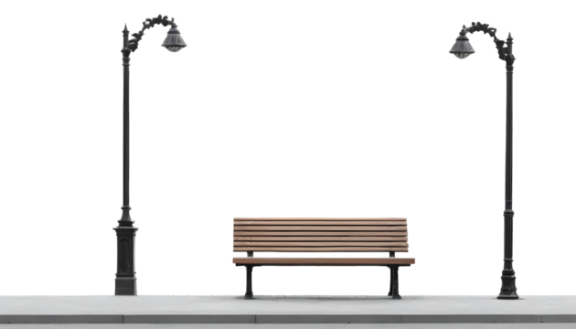 Street lamp with bench in a park on transparent background