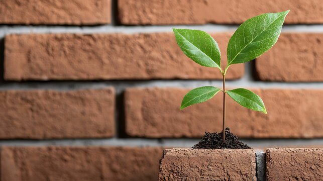 Economic stability in downturn, brick wall with a small plant growing, symbolic image, copy space for text,