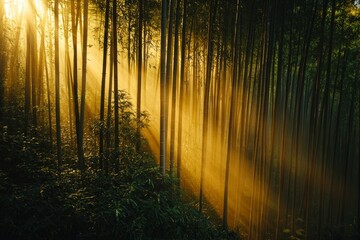 Obraz premium A dense bamboo forest with shafts of golden sunlight streaming through the tall, green stalks.