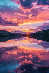 A dramatic sunset over a serene lake, the sky ablaze with hues of pink, orange, and purple, reflecting on the calm water.