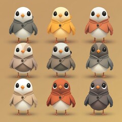 Fototapeta premium A grid of cute, stylized birds in various colors and cloaks.