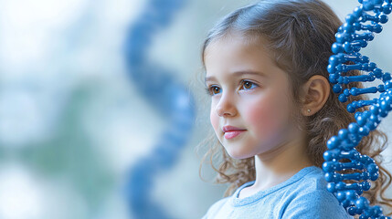 Young girl with curly hair gazes thoughtfully beside blue DNA model in a bright science classroom