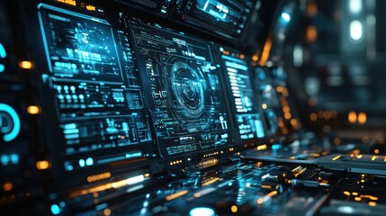 Obraz premium Exploring Advanced Technology: A Glimpse into an Innovative Cybernetic Control Interface with Vibrant Displays and Detailed Graphics.