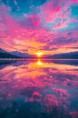 A dramatic sunset over a serene lake, the sky ablaze with hues of pink, orange, and purple, reflecting on the calm water.