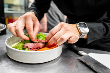 A chef’s hands carefully plating a dish with medium-rare steak, fresh vegetables, and vibrant greens in a modern kitchen setting. The focus is on the meticulous presentation and culinary artistry.