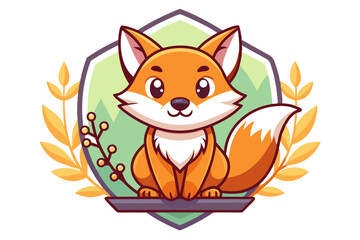 Obraz premium Cute Cartoon Fox Sitting in a Shield with Leaves