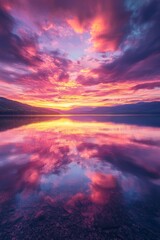 Fototapeta premium A dramatic sunset over a serene lake, the sky ablaze with hues of pink, orange, and purple, reflecting on the calm water.