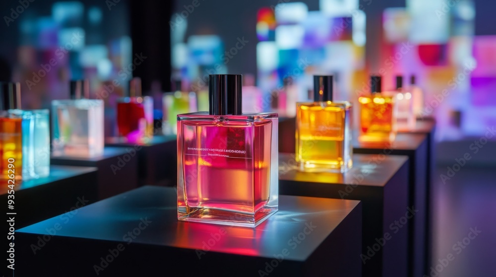Aufkleber beautifully arranged perfume bottles in various colors are showcased on display stands, illuminated 