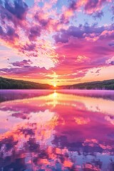 Fototapeta premium A dramatic sunset over a serene lake, the sky ablaze with hues of pink, orange, and purple, reflecting on the calm water.