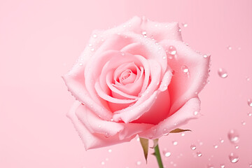 A single, perfectly formed pink rose, glistening with dew. The soft, pastel background