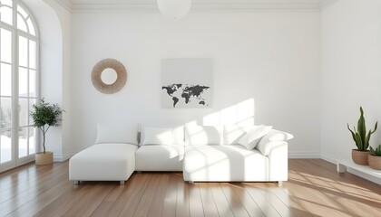 White minimalist living room interior with sofa on a wooden floor, decor on a large wall, white landscape in window. 