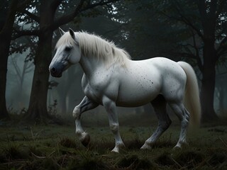  horse in a dark forest.