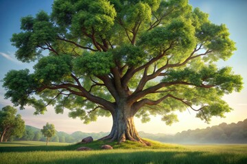 Fototapeta premium Majestic oak tree stands proudly in a sunlit meadow.