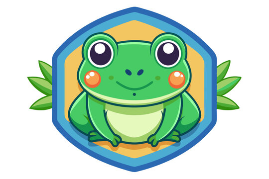 Cartoon Green Frog with Big Eyes in a Hexagon Frame