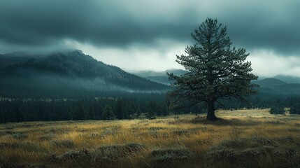 A lone pine tree stands tall on a grassy field, with a dramatic cloudy sky and rolling hills in the background.