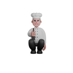 Culinary Leader in 3D. A chef is squatting while holding a bottle with one hand. Cartoon Male Chef