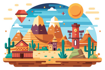Obraz premium Desert Landscape with Buildings and Cactus