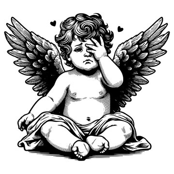 recommend clip art: cherub angel with a halo, sitting and facepalming, frustration or disappointment sketch engraving generative ai fictional character PNG illustration. Scratch board imitation. Black and white image.