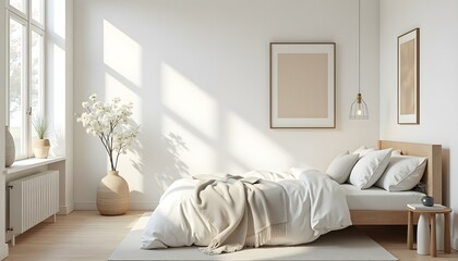 A bright and spacious bedroom with ample space for text or showcasing a product or artwork.