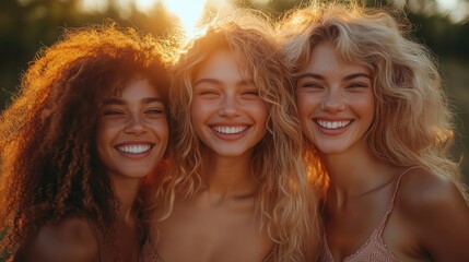 Fototapeta premium empowering female friendship diverse group of cheerful women embracing natural outdoor setting warm lighting genuine smiles and connection