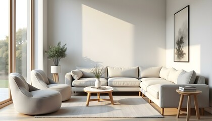 A bright and spacious living room with ample space for text or showcasing a product, artwork, or image.