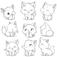 Fototapeta premium A collection of cute, cartoon-style white fox illustrations displaying various expressions.
