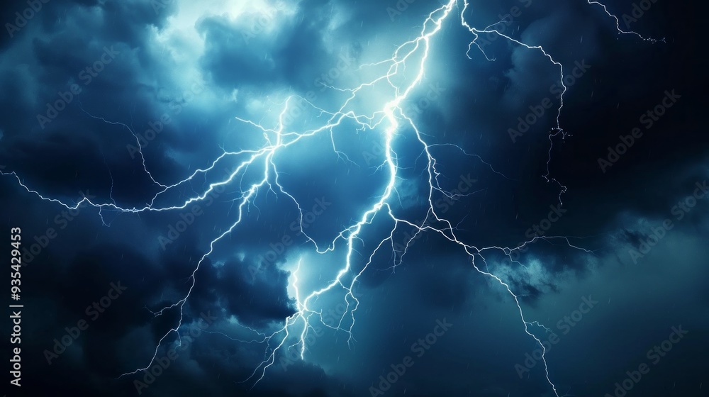 Poster bright flashes of lightning streak across a dark, overcast sky, illuminating the ominous clouds duri