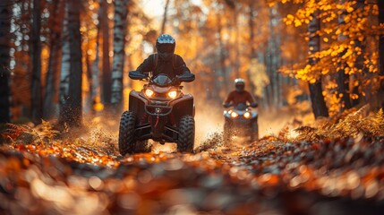 Adventurous ATV ride through autumn forest trails with vibrant colors