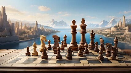 a chessboard with well-known places in the background, signifying the game's global appeal.