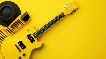 Yellow Guitar And Black Hat, Music Keys On Vibrant Floor, 3D Render 