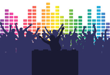 Dj playing music for party people cheering with colorful equalizer background. Vector illustration