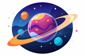 Colorful Planet with Rings in Space