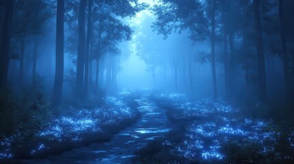 Fototapeta premium enchanted forest at twilight bioluminescent flora mystical creatures ethereal mist