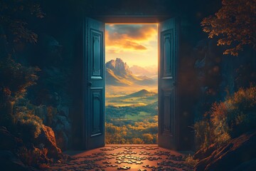 The Door to New Horizons: A mesmerizing image of an open door revealing a breathtaking vista of mountains and valleys bathed in the golden light of a setting sun.