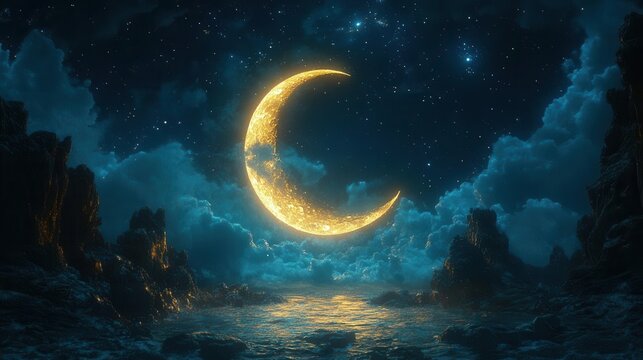 enchanted night window mystical crescent moon glow starry sky backdrop ornate window frame dreamy atmosphere soft moonlight illumination magical ambiance ethereal scene