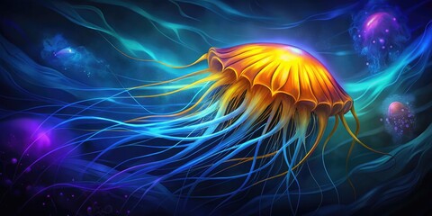 Obraz premium Vibrant jellyfish drifts gracefully in a deep ocean.