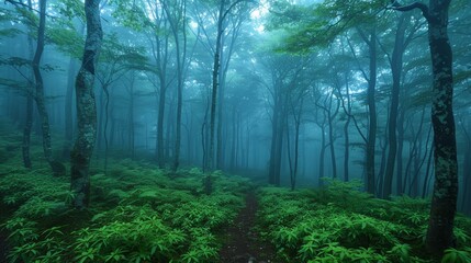 Obraz premium Mystical Aokigahara forest with lush greenery in early morning mist