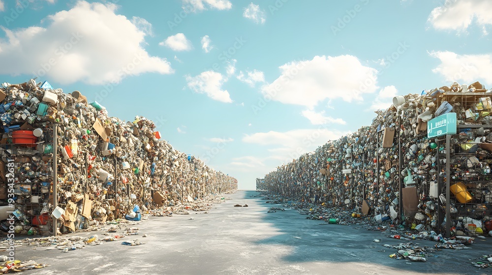 Poster 58. detailed 3d render of an overfilled recycling center with improper waste sorting and accumulatio