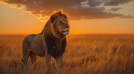 A majestic lion standing on a savanna at sunrise. Generative AI.