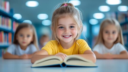 Happy Little Girl Reading Book in Library