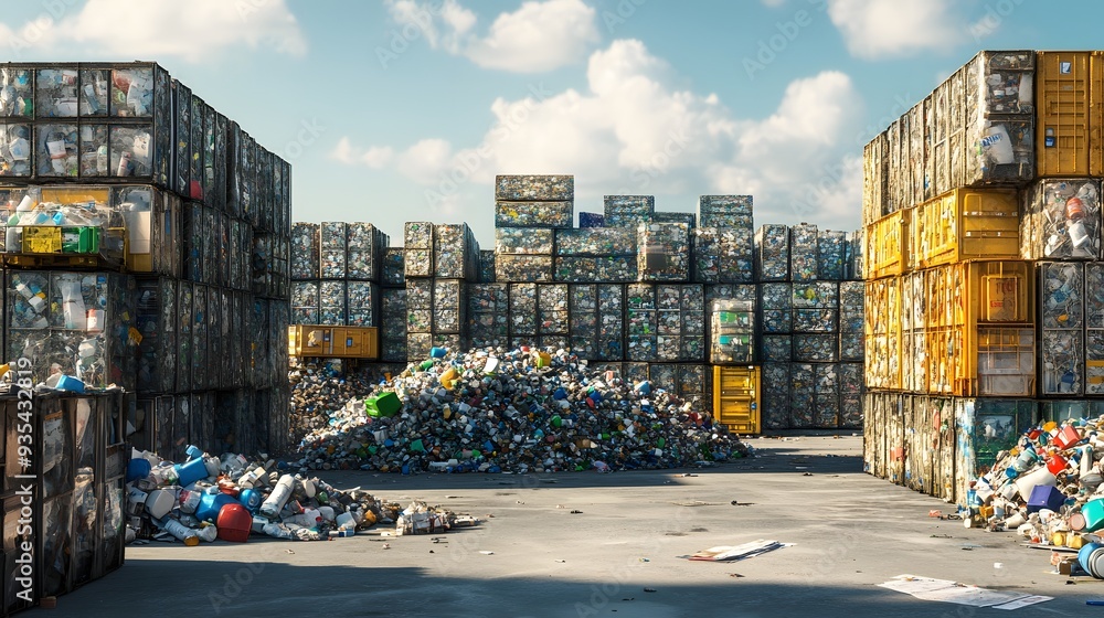 Poster 58. detailed 3d render of an overfilled recycling center with improper waste sorting and accumulatio