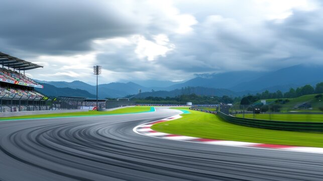 Dramatic Race Track Under Stormy Sky with Mountain Backdrop