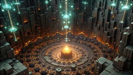 Obraz premium Futuristic cityscape glows with vibrant digital lights.