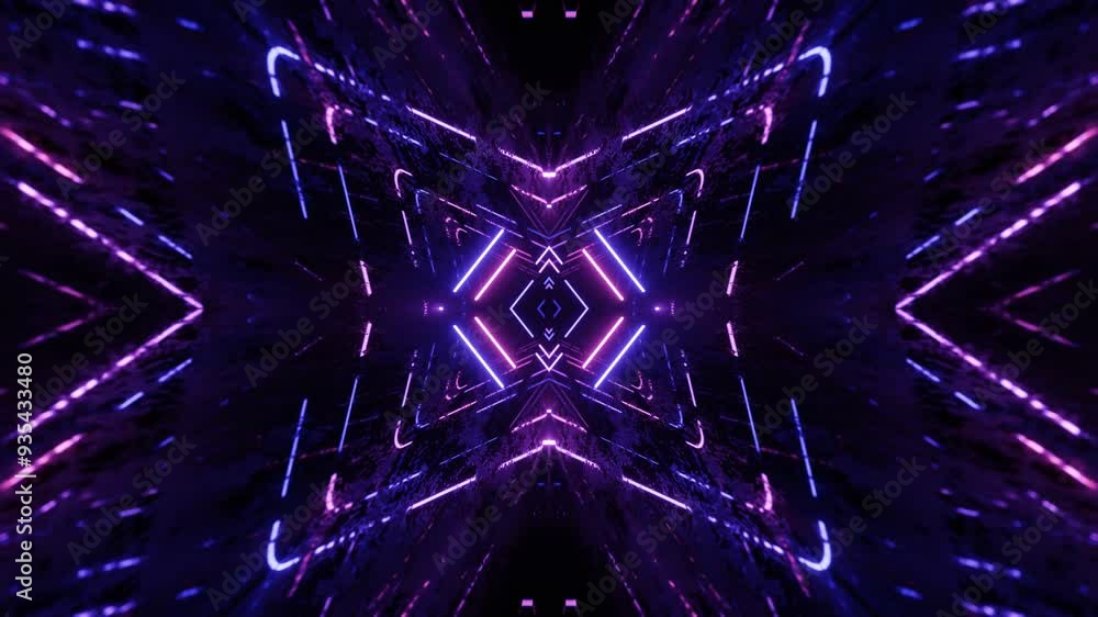 Poster 4k seamless looped animation. fly through mirror symmetrical tunnel with neon pattern, sci fi glow p