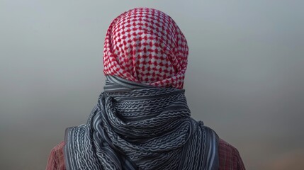 Back view of a man wearing traditional Arab headscarf and robe
