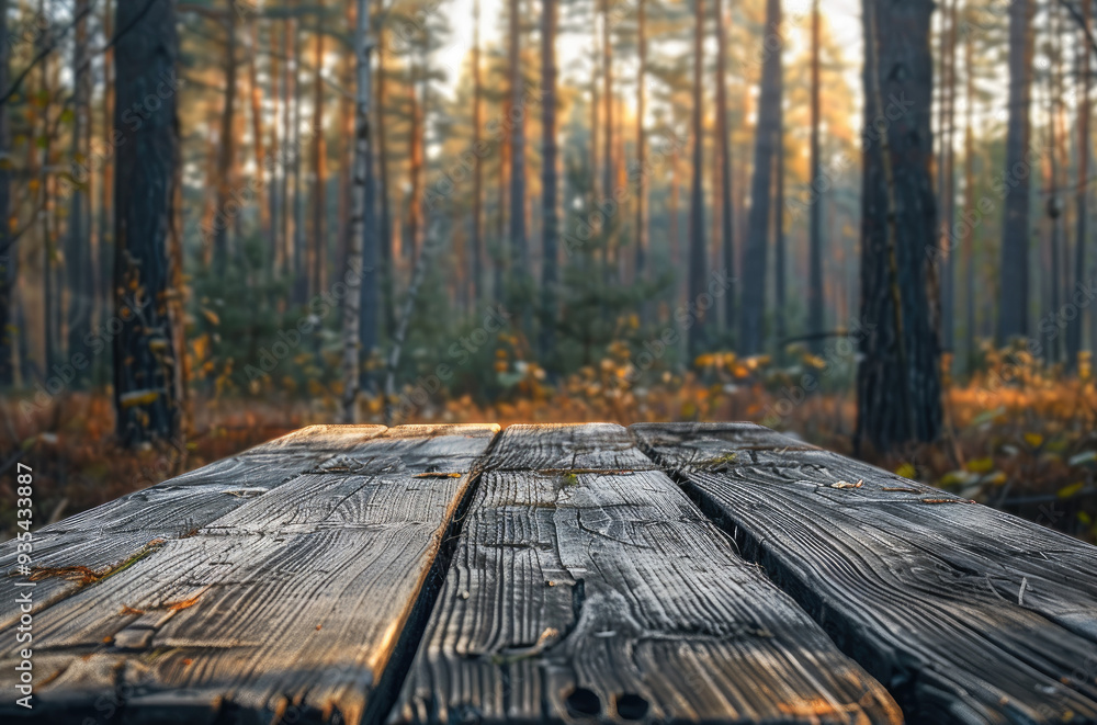Poster Wooden table on forest background. Generative AI.