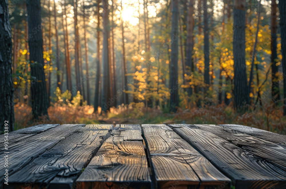 Poster Wooden table on forest background. Generative AI.